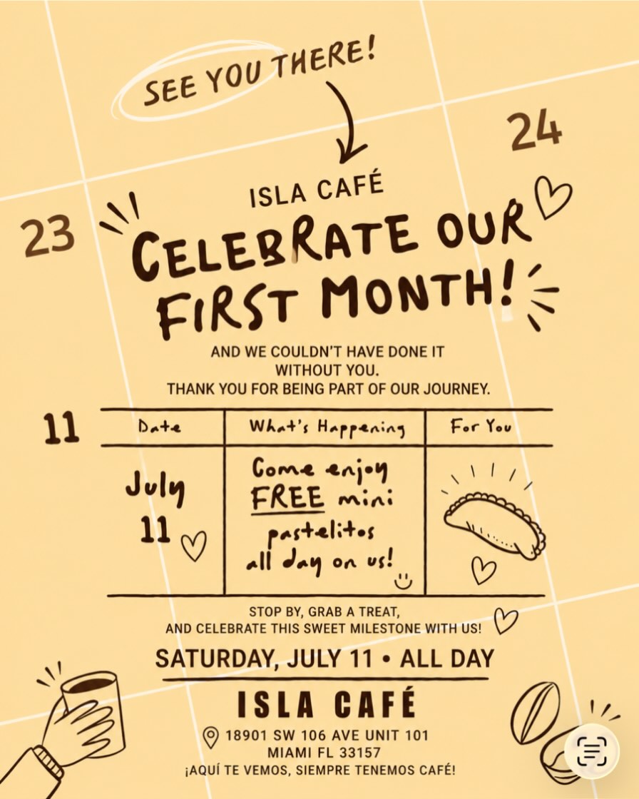 WE’RE ONE MONTH OPEN! 

As a small thank you, join us Saturday, July 11 for FREE mini pastelitos all day with any visit.